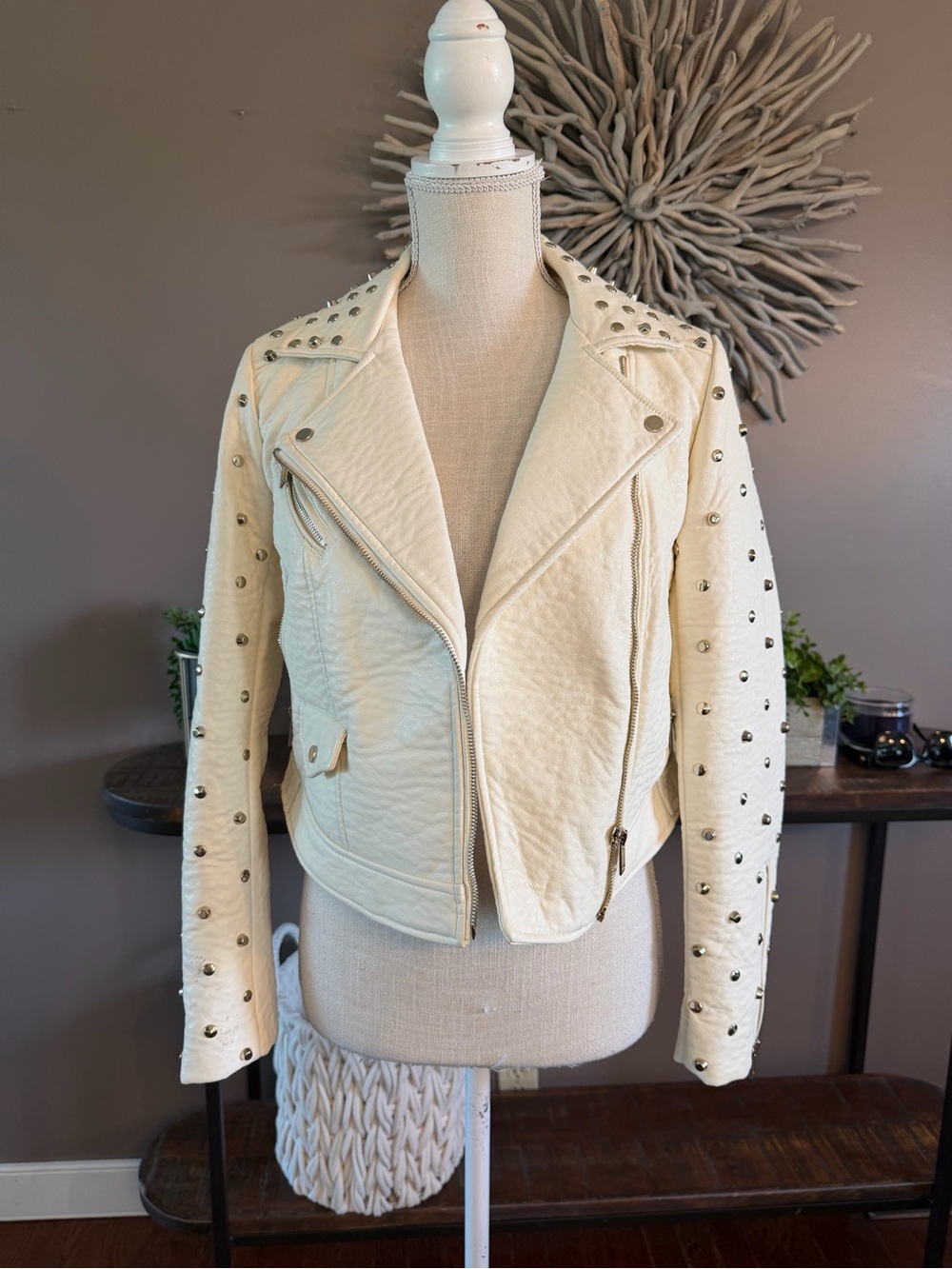 Zara Faux Leather Studded Jacket in Cream